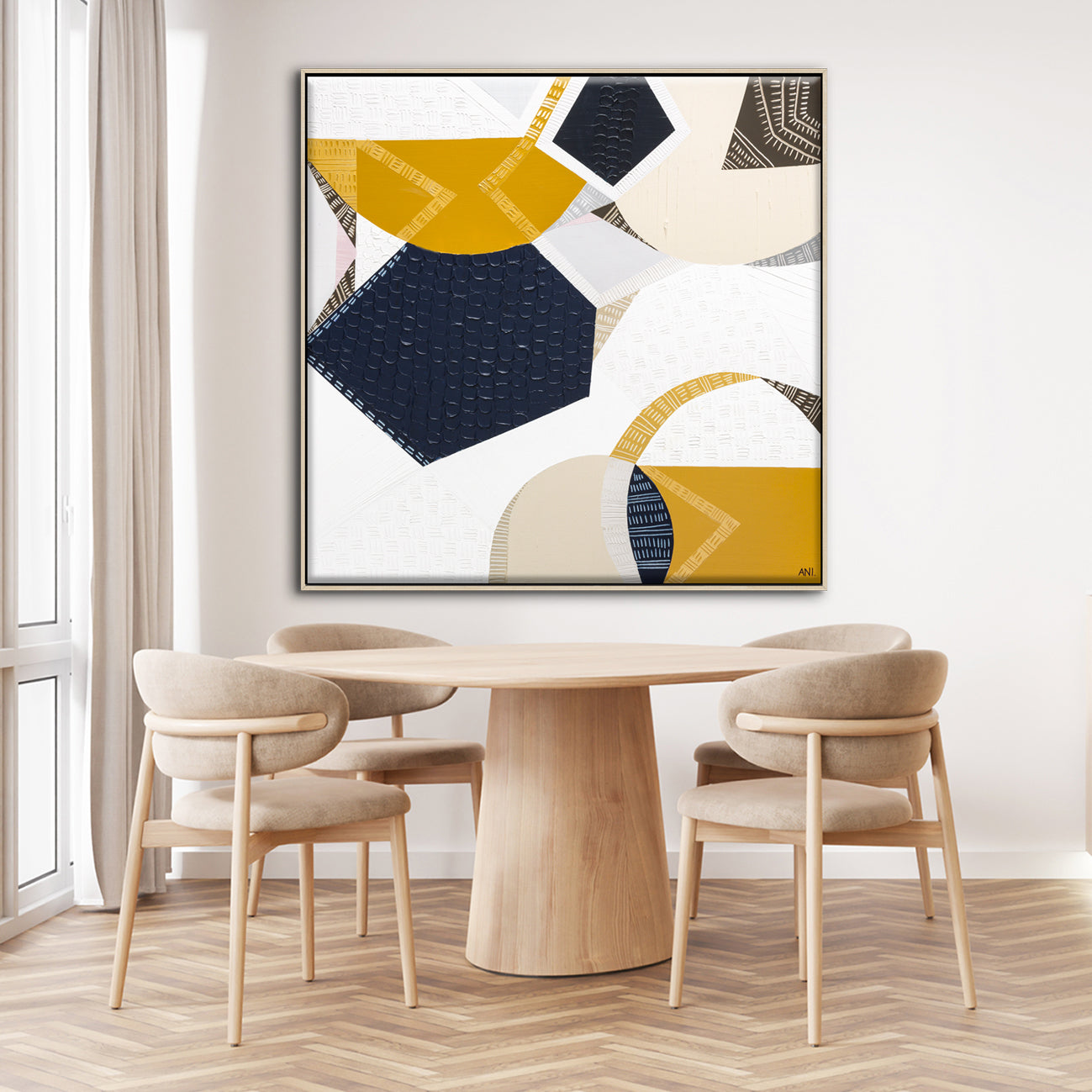 Outback Adventures 2 by Melbourne-based Australian artist Ani Ipradjian — bold abstract Australian Outback landscape painting and print featuring earthy mustard tones, ocean blues, and textured layers inspired by Ani’s cross-country journey from Melbourne to Perth. Captures the vast desert plains, rugged terrain, and natural coastal beauty of Australia. Ideal for art collectors, interior designers, home decorators, and lovers of contemporary Australian landscape art. Available as original artwork and fine a