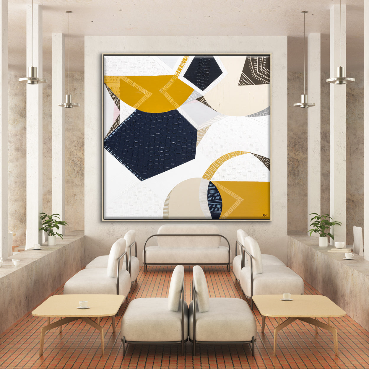 Outback Adventures 2 by Melbourne-based Australian artist Ani Ipradjian — bold abstract Australian Outback landscape painting and print featuring earthy mustard tones, ocean blues, and textured layers inspired by Ani’s cross-country journey from Melbourne to Perth. Captures the vast desert plains, rugged terrain, and natural coastal beauty of Australia. Ideal for art collectors, interior designers, home decorators, and lovers of contemporary Australian landscape art. Available as original artwork and fine a