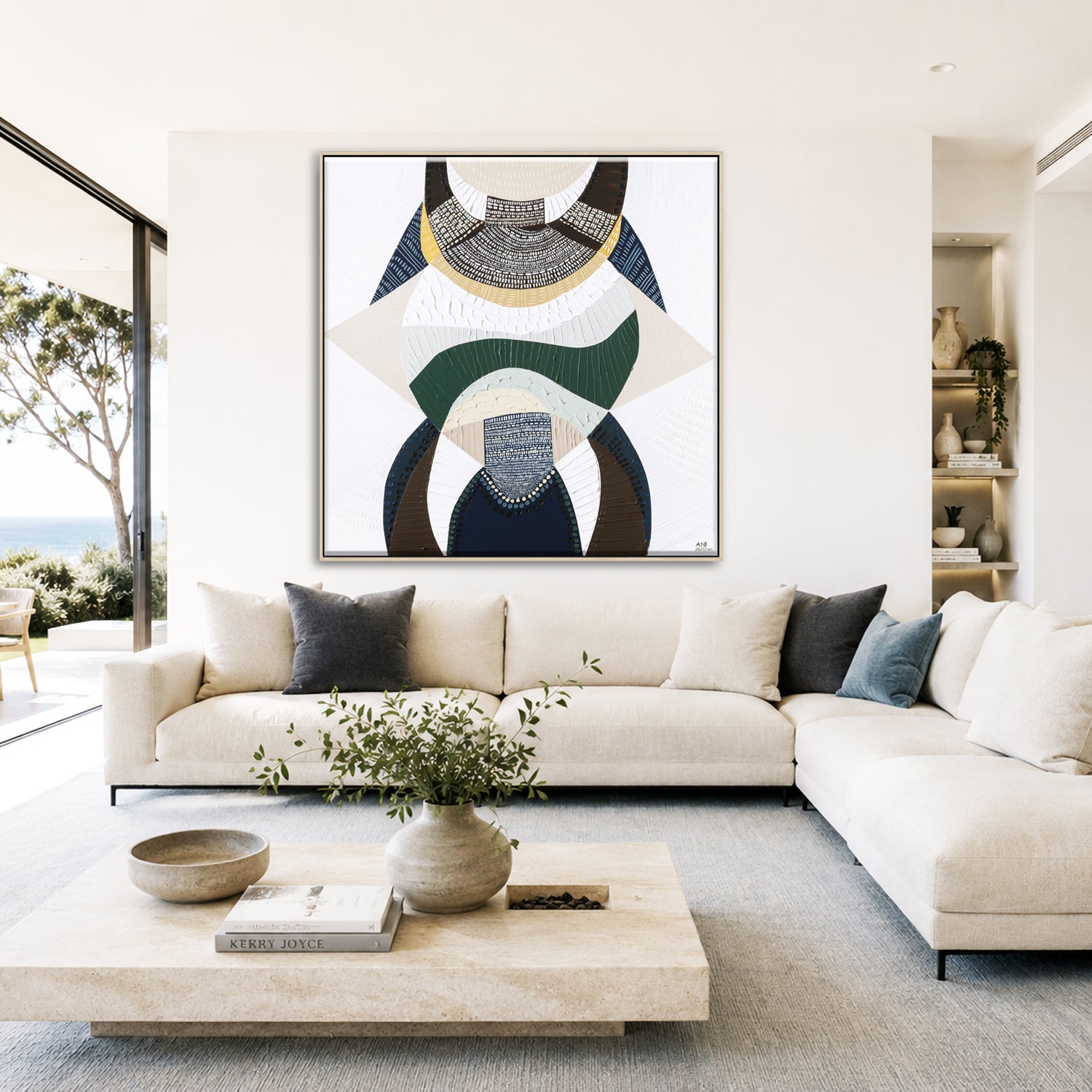 Outback by the Sea original abstract painting by Australian artist Ani Ipradjian, blending Australian Outback landscape and coastal art with earthy browns, mustard, deep blues and metallic gold. Contemporary textured Australian artwork for collectors and modern interiors.