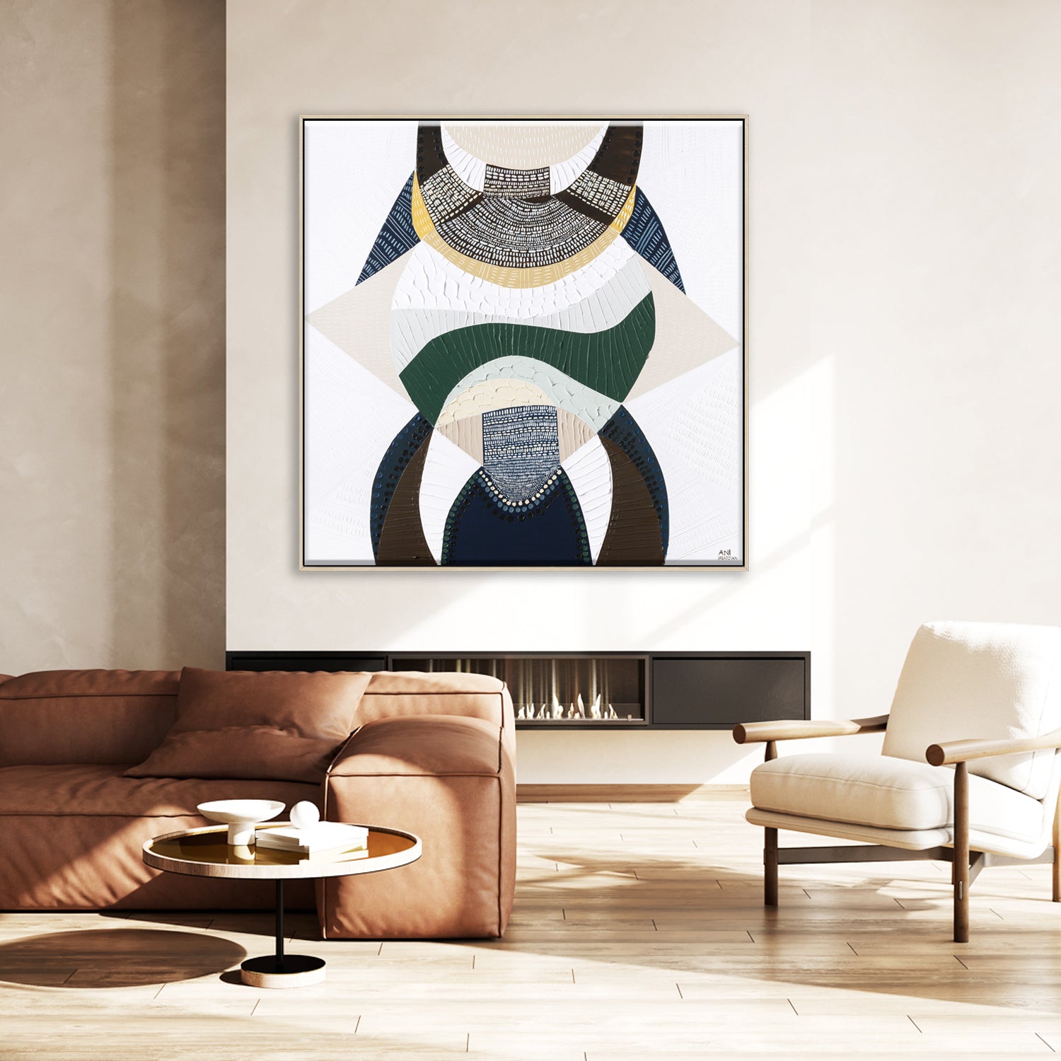 Outback by the Sea original abstract painting by Australian artist Ani Ipradjian, blending Australian Outback landscape and coastal art with earthy browns, mustard, deep blues and metallic gold. Contemporary textured Australian artwork for collectors and modern interiors.