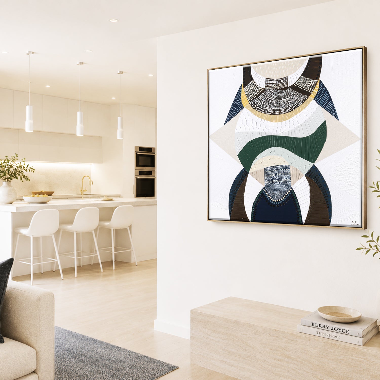 Outback by the Sea original abstract painting by Australian artist Ani Ipradjian, blending Australian Outback landscape and coastal art with earthy browns, mustard, deep blues and metallic gold. Contemporary textured Australian artwork for collectors and modern interiors.