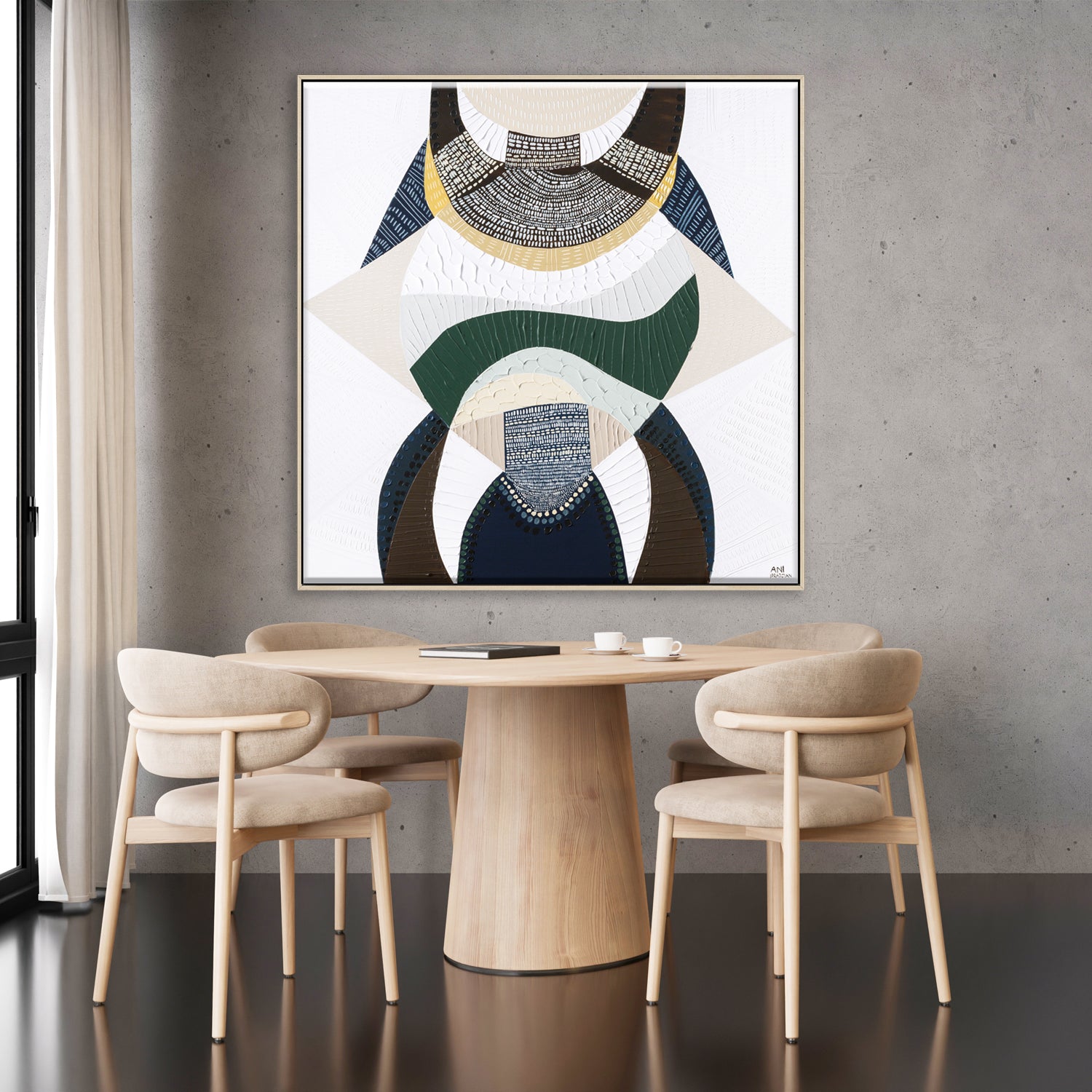 Outback by the Sea original abstract painting by Australian artist Ani Ipradjian, blending Australian Outback landscape and coastal art with earthy browns, mustard, deep blues and metallic gold. Contemporary textured Australian artwork for collectors and modern interiors.