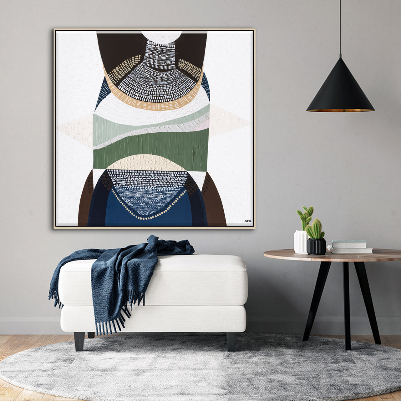 Outback by the Sea by Ani Ipradjian, abstract Australian landscape artwork blending golden outback tones with deep coastal blues, inspired by Australia’s land, sea, and cultural heritage, contemporary wall art.