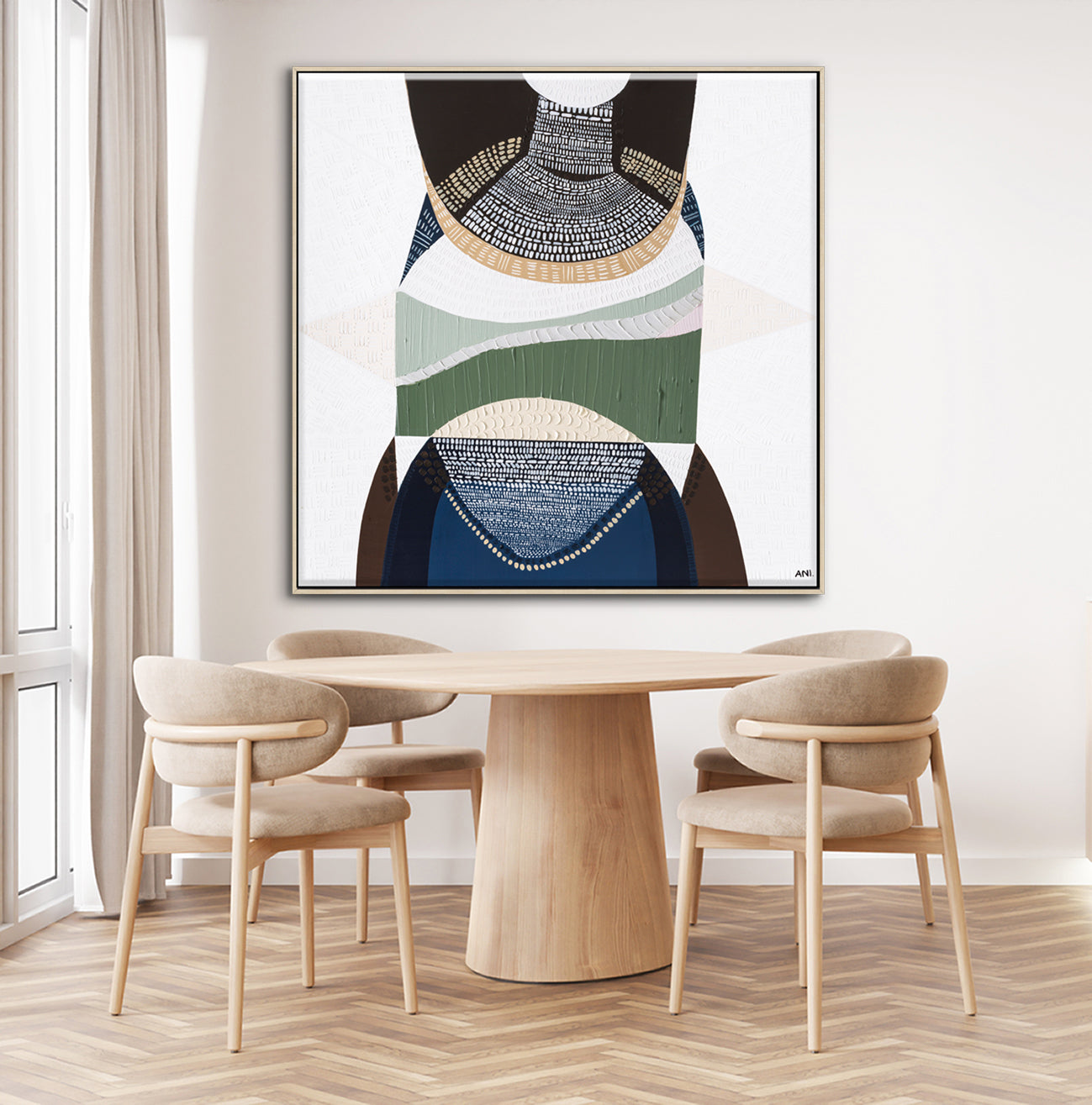 Outback by the Sea by Ani Ipradjian, abstract Australian landscape artwork blending golden outback tones with deep coastal blues, inspired by Australia’s land, sea, and cultural heritage, contemporary wall art.