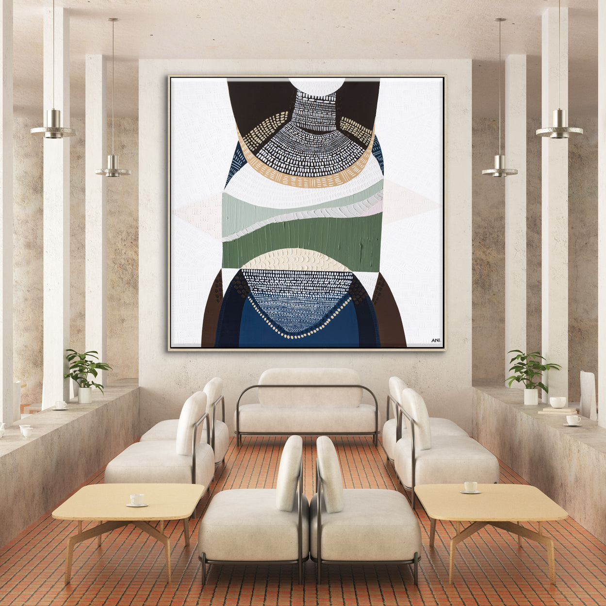 Outback by the Sea by Ani Ipradjian, abstract Australian landscape artwork blending golden outback tones with deep coastal blues, inspired by Australia’s land, sea, and cultural heritage, contemporary wall art.