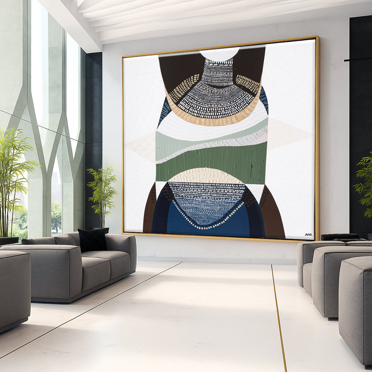 Outback by the Sea by Ani Ipradjian, abstract Australian landscape artwork blending golden outback tones with deep coastal blues, inspired by Australia’s land, sea, and cultural heritage, contemporary wall art.