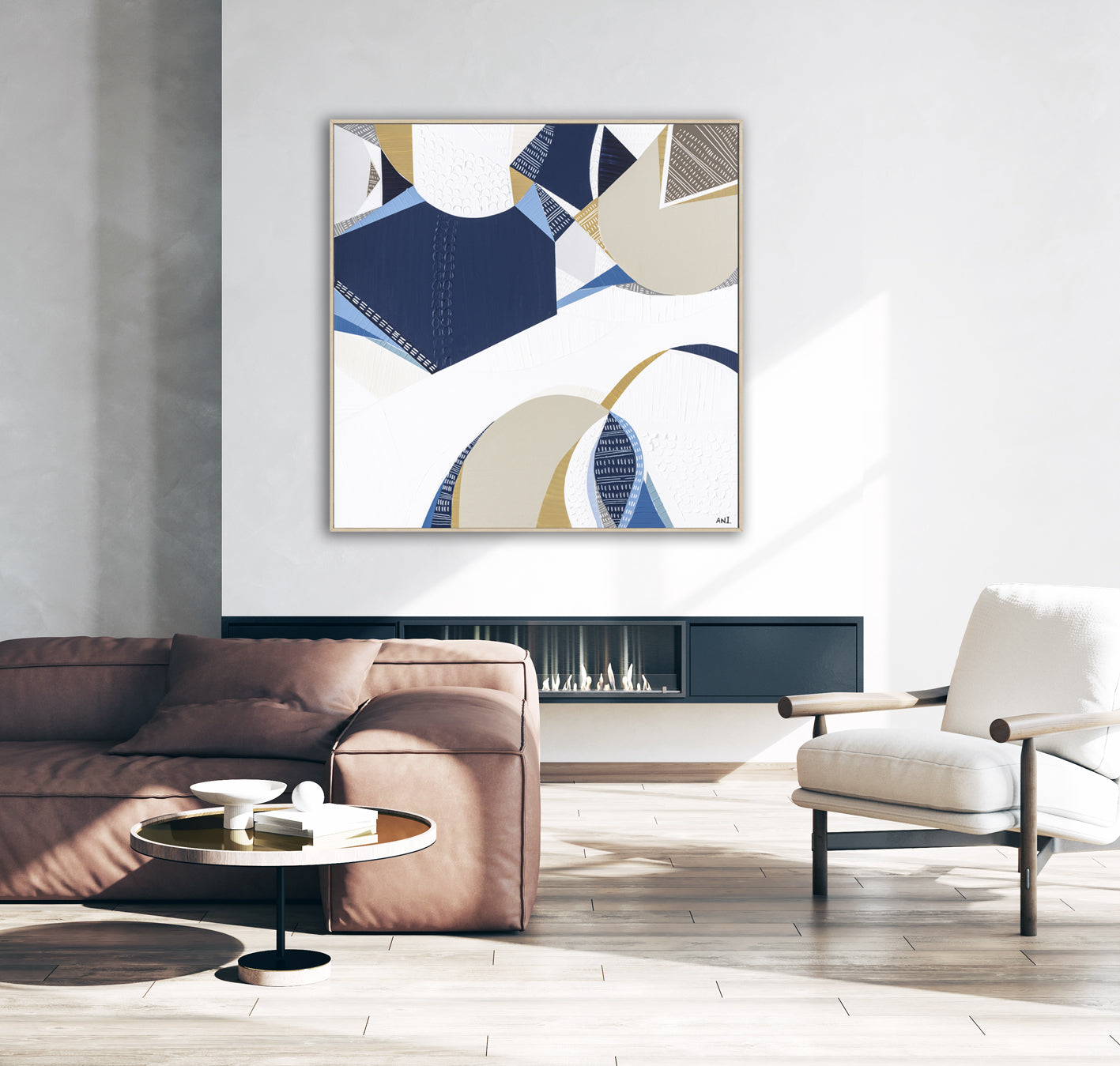 Outback Ocean print by Ani Ipradjian – abstract Australian landscape featuring earthy gold, blue, and mustard tones, symbolizing the unity of Australia’s outback and ocean. Ideal for collectors of Australian art worldwide.