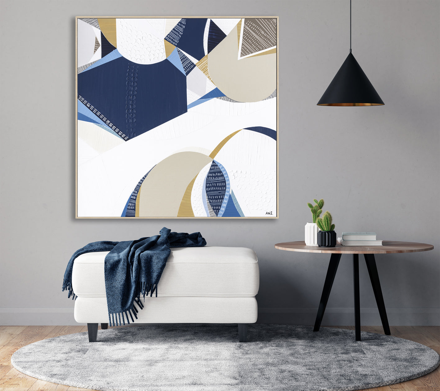 Outback Ocean print by Ani Ipradjian – abstract Australian landscape featuring earthy gold, blue, and mustard tones, symbolizing the unity of Australia’s outback and ocean. Ideal for collectors of Australian art worldwide.