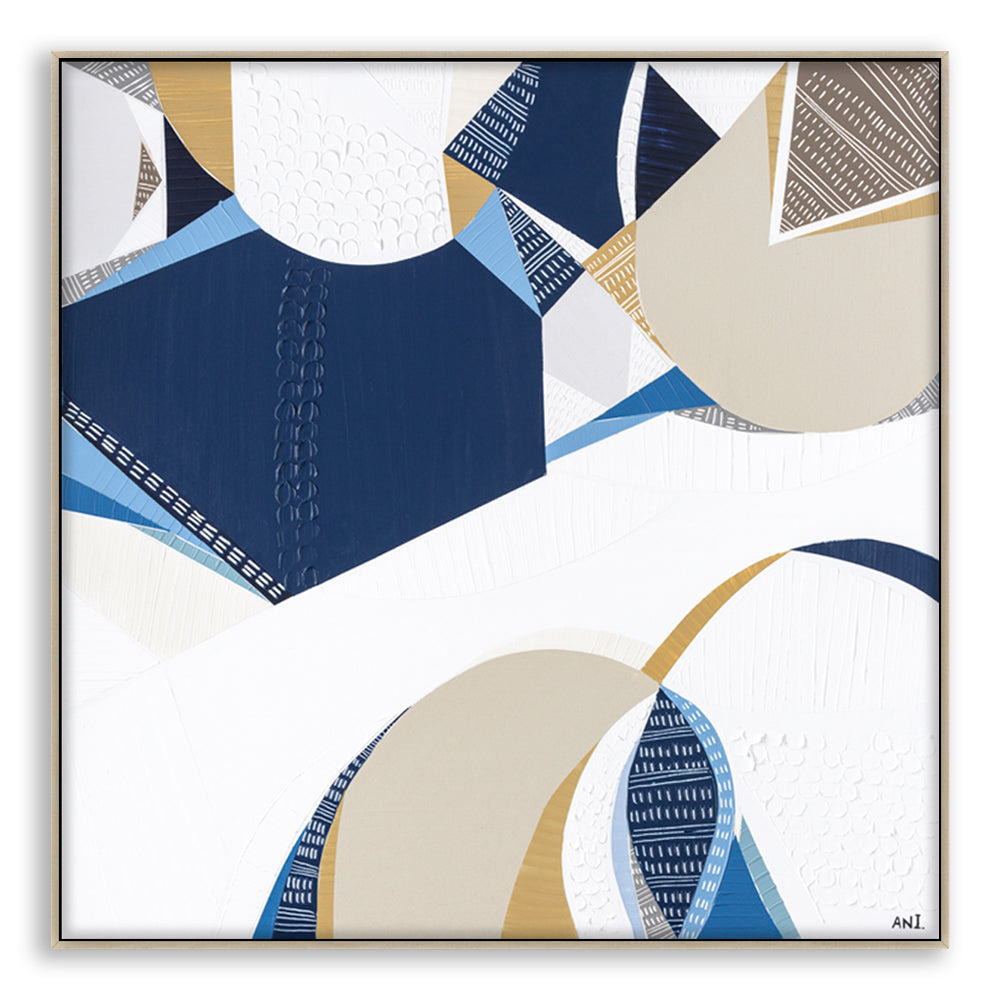 Outback Ocean print by Ani Ipradjian – abstract Australian landscape featuring earthy gold, blue, and mustard tones, symbolizing the unity of Australia’s outback and ocean. Ideal for collectors of Australian art worldwide.