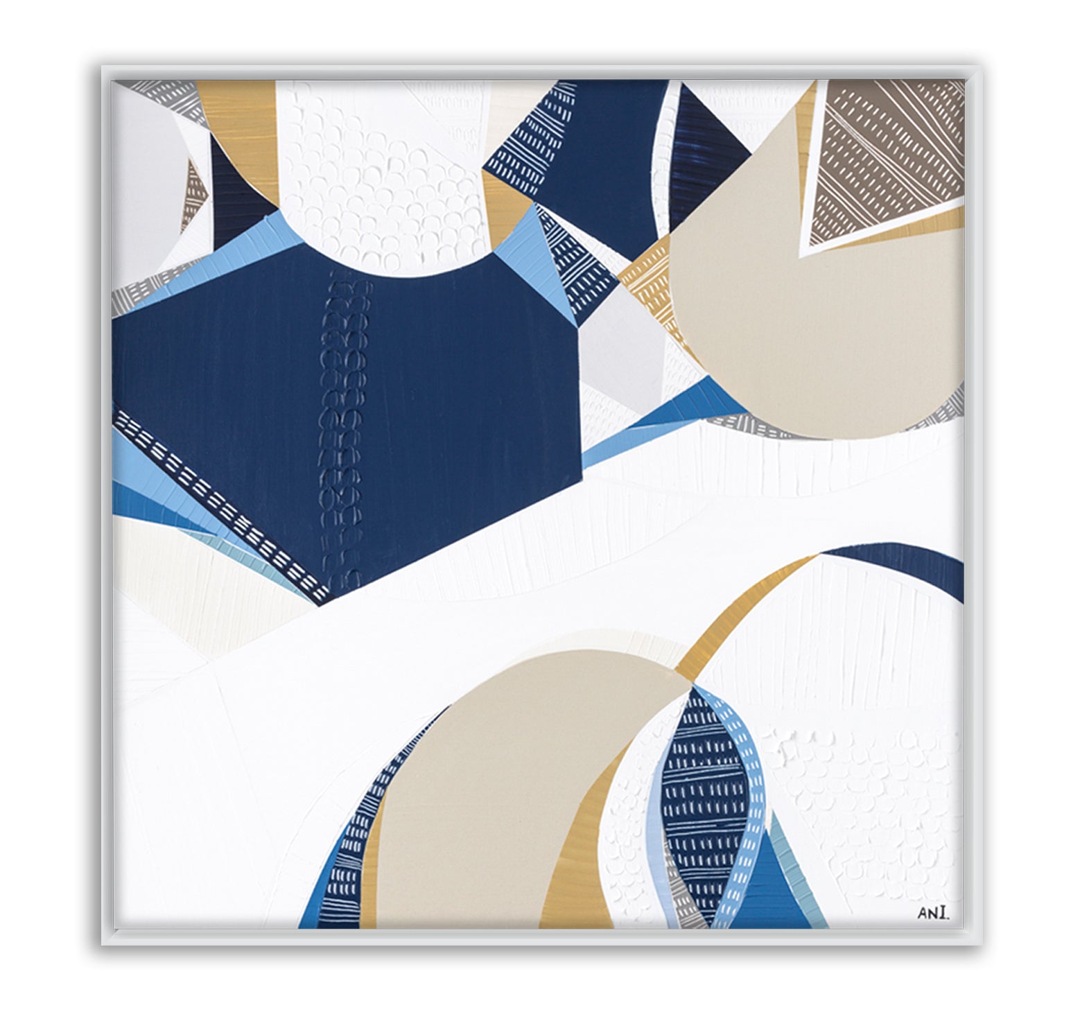 Outback Ocean print by Ani Ipradjian – abstract Australian landscape featuring earthy gold, blue, and mustard tones, symbolizing the unity of Australia’s outback and ocean. Ideal for collectors of Australian art worldwide.