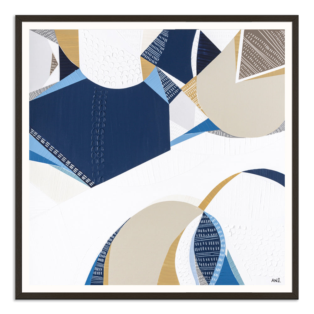 Outback Ocean print by Ani Ipradjian – abstract Australian landscape featuring earthy gold, blue, and mustard tones, symbolizing the unity of Australia’s outback and ocean. Ideal for collectors of Australian art worldwide.