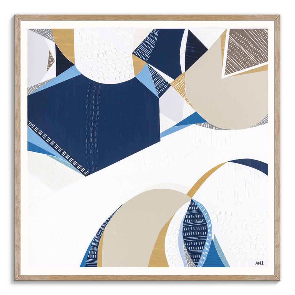 Outback Ocean print by Ani Ipradjian – abstract Australian landscape featuring earthy gold, blue, and mustard tones, symbolizing the unity of Australia’s outback and ocean. Ideal for collectors of Australian art worldwide.