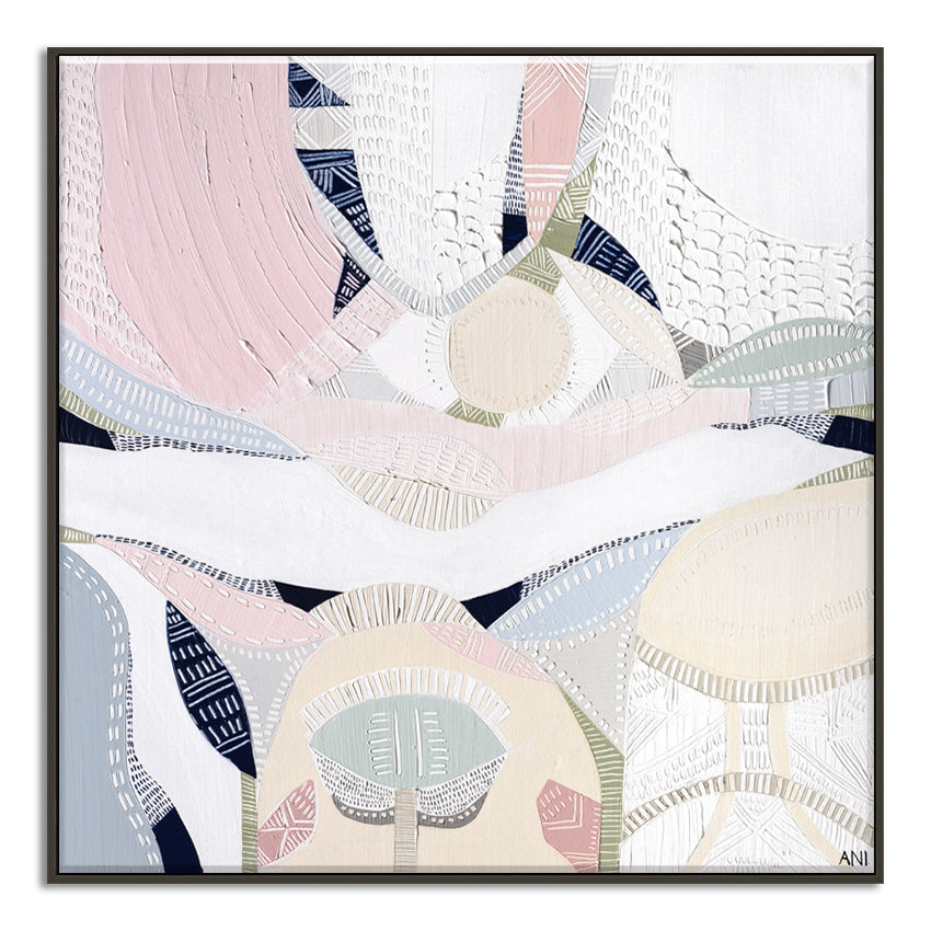 "Pink Lake Love 1" print by Australian artist Ani Ipradjian – abstract artwork inspired by the pink salt lakes of Esperance, WA, featuring soft pink and ocean blue tones for coastal and modern interiors.
