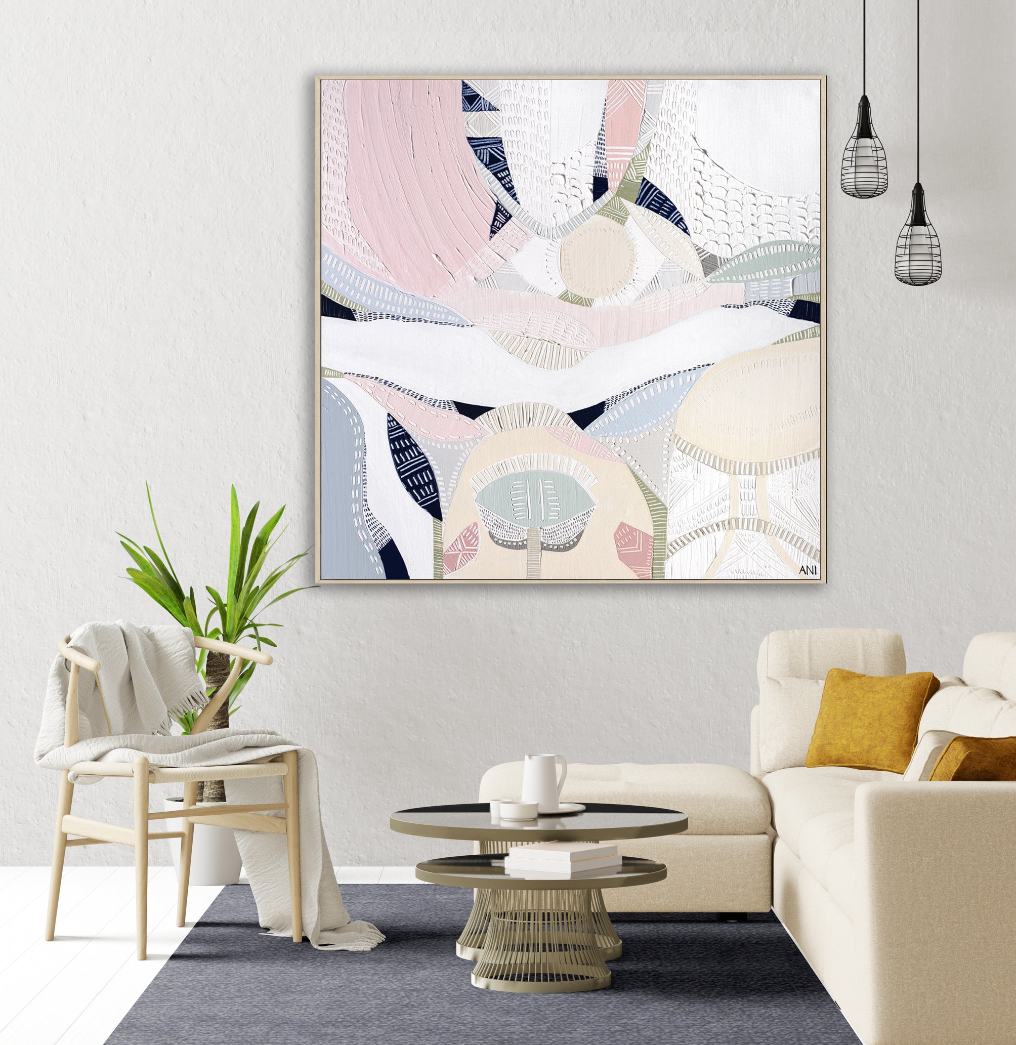 "Pink Lake Love 1" print by Australian artist Ani Ipradjian – abstract artwork inspired by the pink salt lakes of Esperance, WA, featuring soft pink and ocean blue tones for coastal and modern interiors.