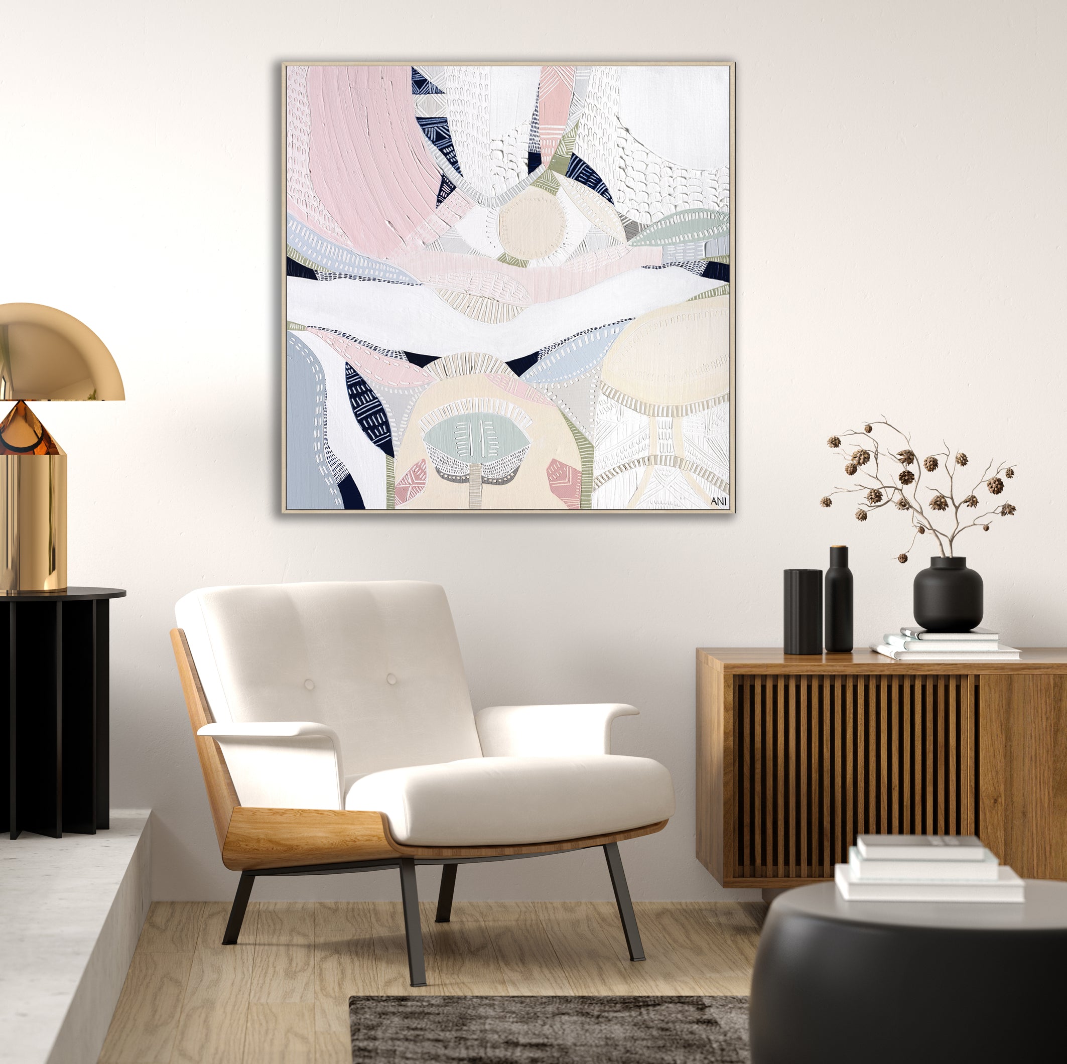 "Pink Lake Love 2" print by Australian artist Ani Ipradjian – abstract artwork inspired by the pink salt lakes of Esperance, WA, featuring soft pink and ocean blue tones for coastal and modern interiors.