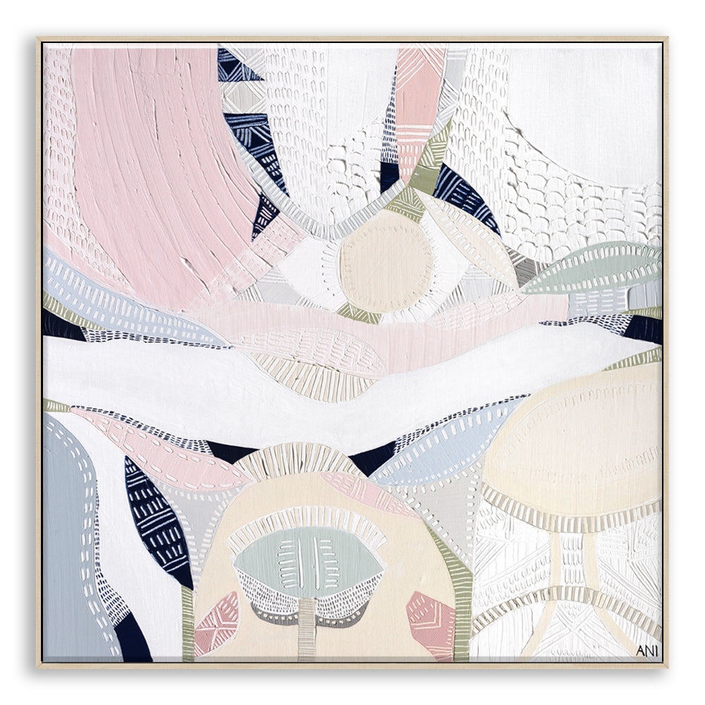 "Pink Lake Love 1" print by Australian artist Ani Ipradjian – abstract artwork inspired by the pink salt lakes of Esperance, WA, featuring soft pink and ocean blue tones for coastal and modern interiors.