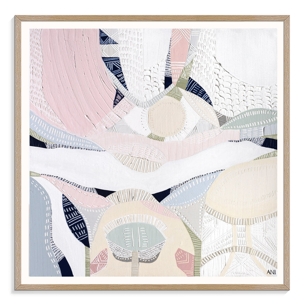 "Pink Lake Love 2" print by Australian artist Ani Ipradjian – abstract artwork inspired by the pink salt lakes of Esperance, WA, featuring soft pink and ocean blue tones for coastal and modern interiors.