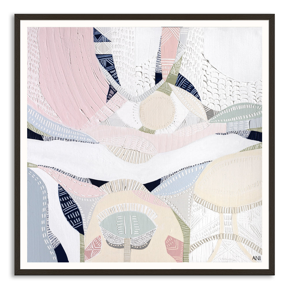 "Pink Lake Love 2" print by Australian artist Ani Ipradjian – abstract artwork inspired by the pink salt lakes of Esperance, WA, featuring soft pink and ocean blue tones for coastal and modern interiors.