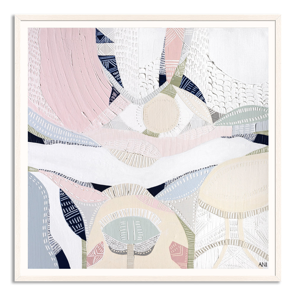 "Pink Lake Love 2" print by Australian artist Ani Ipradjian – abstract artwork inspired by the pink salt lakes of Esperance, WA, featuring soft pink and ocean blue tones for coastal and modern interiors.
