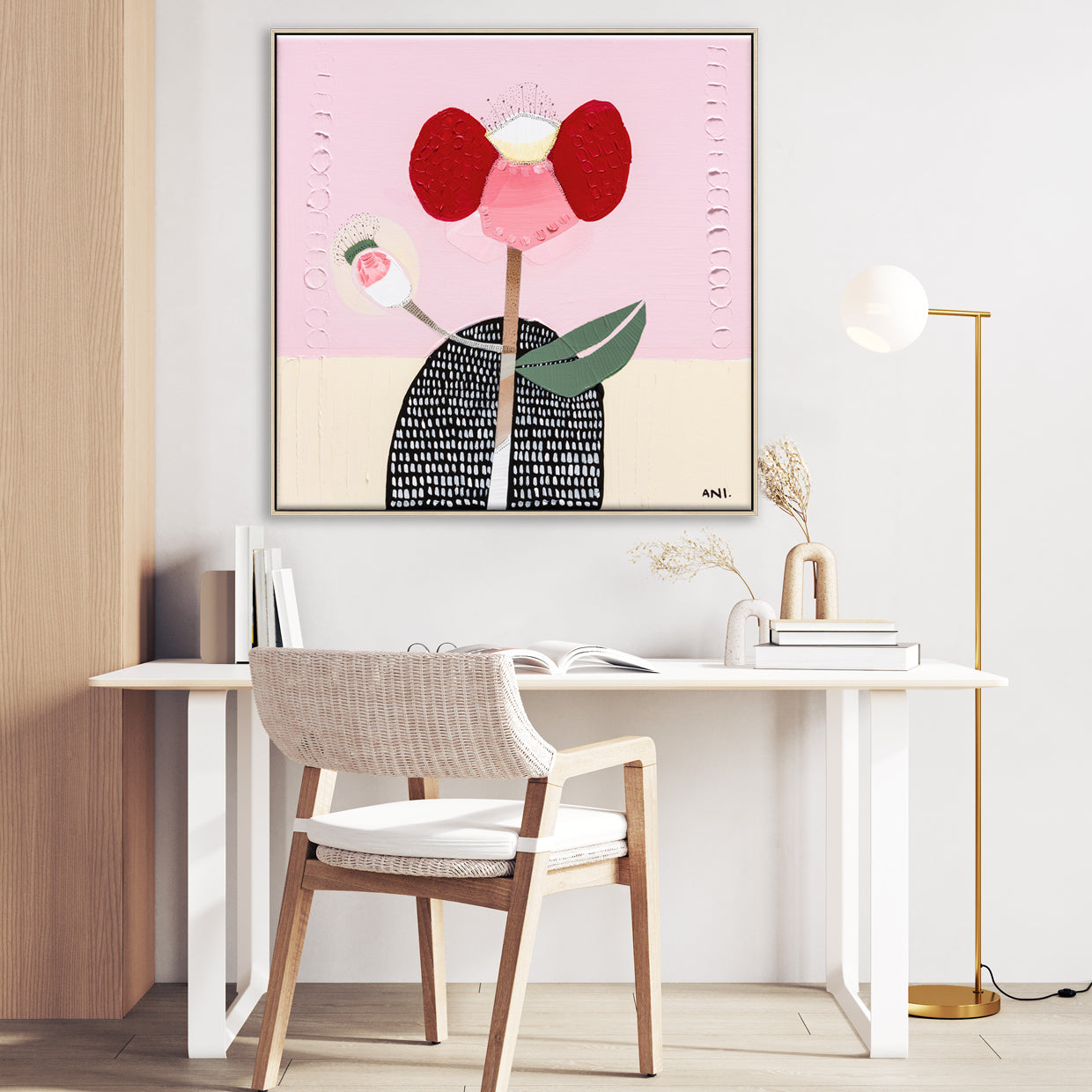 Abstract painting of a bold red poppy flower on a textured background, symbolizing strength and resilience. One petal resembles a raised arm and another curves like a hand on a hip, inspired by childhood memories. Created by Australian artist Ani Ipradjian.