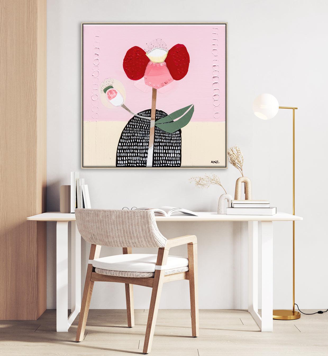 Abstract painting of a bold red poppy flower on a textured background, symbolizing strength and resilience. One petal resembles a raised arm and another curves like a hand on a hip, inspired by childhood memories. Created by Australian artist Ani Ipradjian.