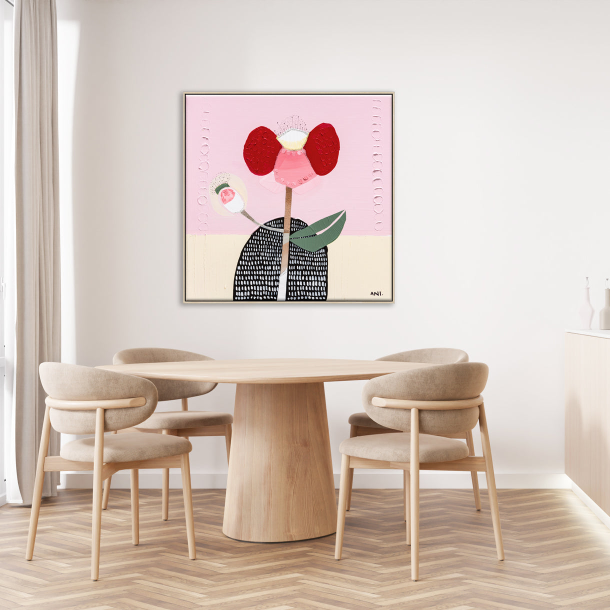 Abstract painting of a bold red poppy flower on a textured background, symbolizing strength and resilience. One petal resembles a raised arm and another curves like a hand on a hip, inspired by childhood memories. Created by Australian artist Ani Ipradjian.