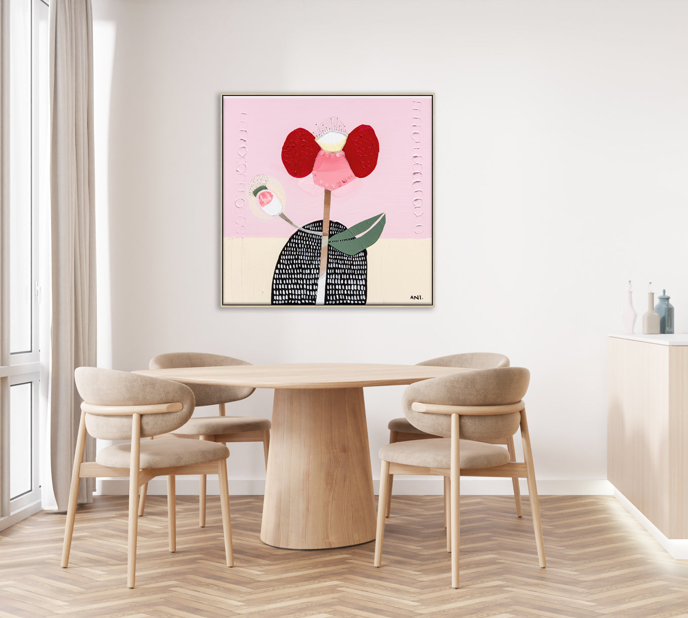 Abstract painting of a bold red poppy flower on a textured background, symbolizing strength and resilience. One petal resembles a raised arm and another curves like a hand on a hip, inspired by childhood memories. Created by Australian artist Ani Ipradjian.