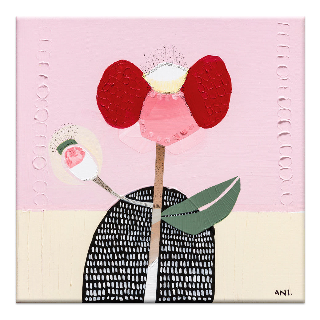 Abstract print of a bold poppy flower with symbolic human-like posture—one petal raised like an arm, another curved at the side—representing strength, resilience, and childhood memories. Contemporary Australian botanical art by Ani Ipradjian.