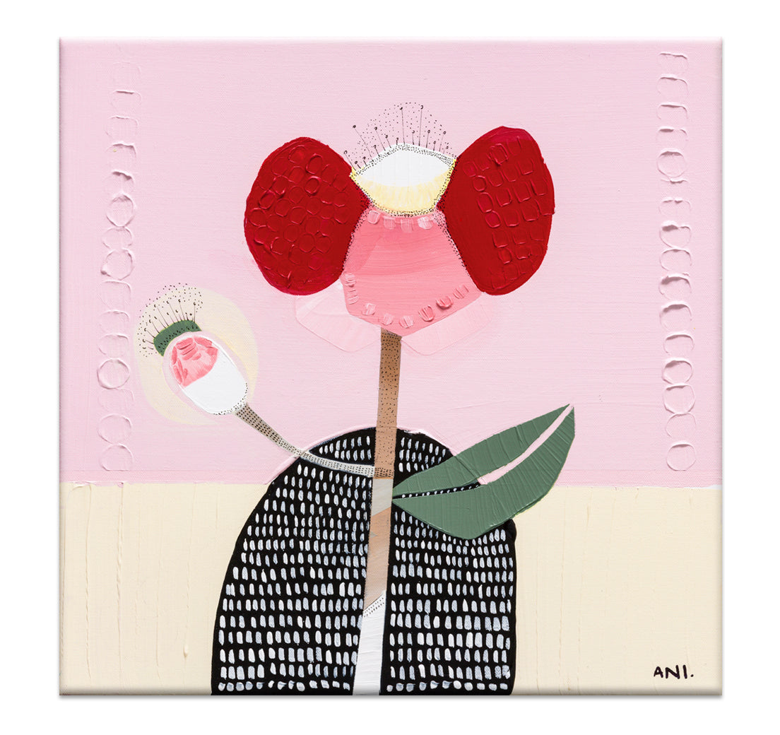 Abstract print of a bold poppy flower with symbolic human-like posture—one petal raised like an arm, another curved at the side—representing strength, resilience, and childhood memories. Contemporary Australian botanical art by Ani Ipradjian.