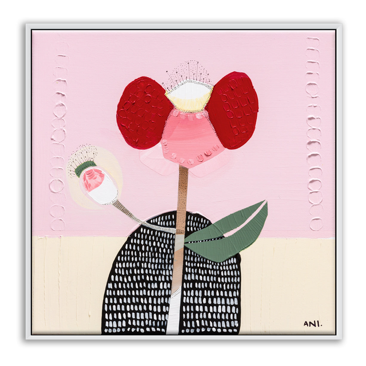 Abstract painting of a bold red poppy flower on a textured background, symbolizing strength and resilience. One petal resembles a raised arm and another curves like a hand on a hip, inspired by childhood memories. Created by Australian artist Ani Ipradjian.