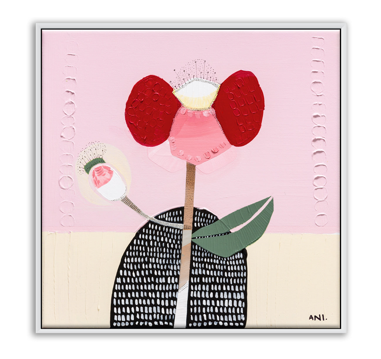 Abstract painting of a bold red poppy flower on a textured background, symbolizing strength and resilience. One petal resembles a raised arm and another curves like a hand on a hip, inspired by childhood memories. Created by Australian artist Ani Ipradjian.