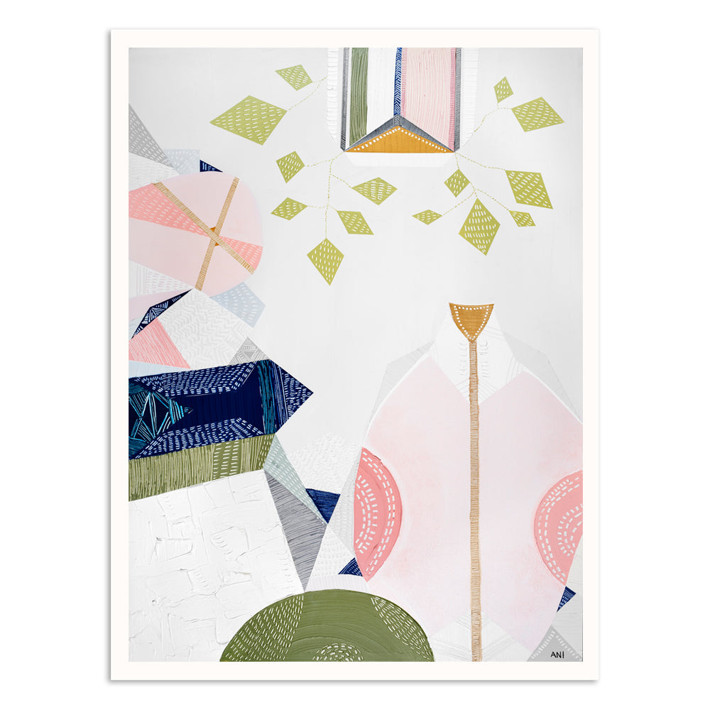 Urban Melbourne abstract print by Ani Ipradjian featuring warm retro tones and hanging vine-inspired shapes, celebrating 1970s interiors and Melbourne’s vibrant city life. Ideal for art collectors and interior decor inspired by Australian cityscapes.