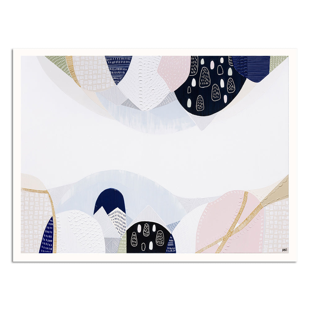 Abstract cityscape print inspired by Melbourne's urban structure, featuring layered textures, natural tones, and references to historic bluestone architecture from the 1850s. Captures the balance of nature and city life in modern Australian design.