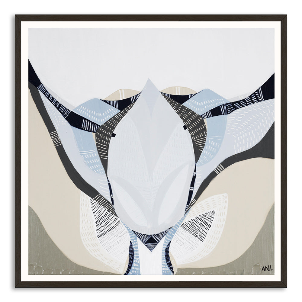 Abstract floral artwork titled Protea Under the Sea 1 by Australian artist Ani Ipradjian. Features textured layers and flowing forms inspired by the blooming Protea flower, symbolizing transformation. Combines earthy and oceanic tones, ideal for collectors of contemporary Australian botanical art worldwide.