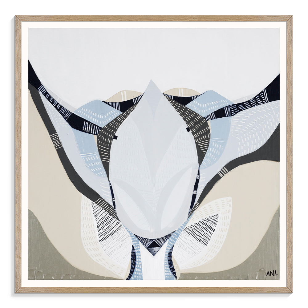 Abstract floral artwork titled Protea Under the Sea 1 by Australian artist Ani Ipradjian. Features textured layers and flowing forms inspired by the blooming Protea flower, symbolizing transformation. Combines earthy and oceanic tones, ideal for collectors of contemporary Australian botanical art worldwide.