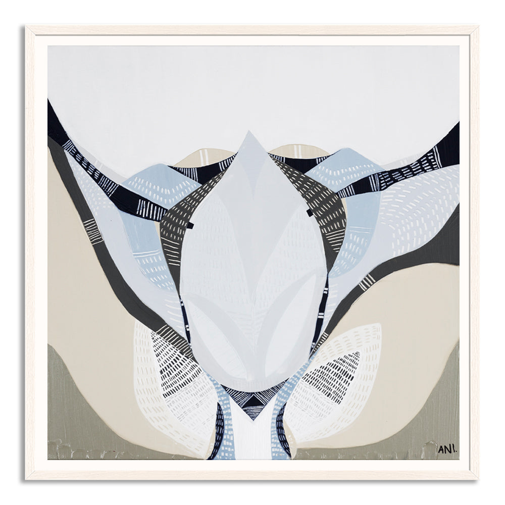 Abstract floral artwork titled Protea Under the Sea 1 by Australian artist Ani Ipradjian. Features textured layers and flowing forms inspired by the blooming Protea flower, symbolizing transformation. Combines earthy and oceanic tones, ideal for collectors of contemporary Australian botanical art worldwide.