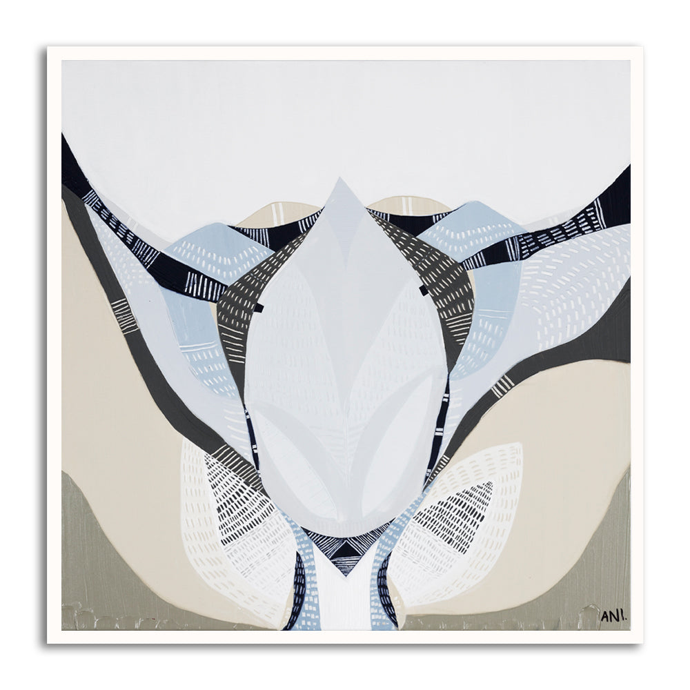 Abstract floral artwork titled Protea Under the Sea 1 by Australian artist Ani Ipradjian. Features textured layers and flowing forms inspired by the blooming Protea flower, symbolizing transformation. Combines earthy and oceanic tones, ideal for collectors of contemporary Australian botanical art worldwide.