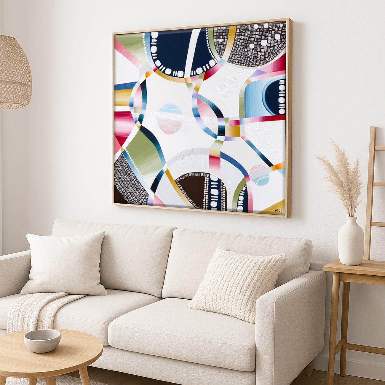 Rod Laver Arena print by Ani Ipradjian – abstract aerial view featuring tennis balls, textured layers, and Melbourne’s iconic venue architecture.