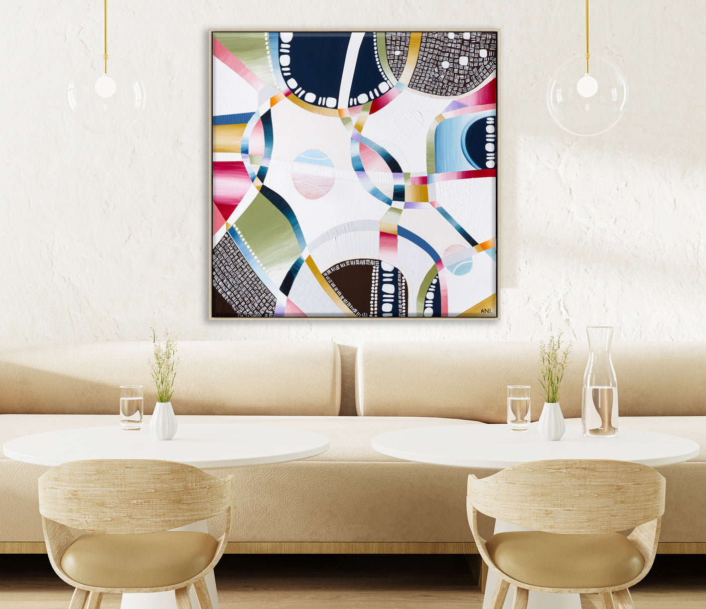 Rod Laver Arena print by Ani Ipradjian – abstract aerial view featuring tennis balls, textured layers, and Melbourne’s iconic venue architecture.