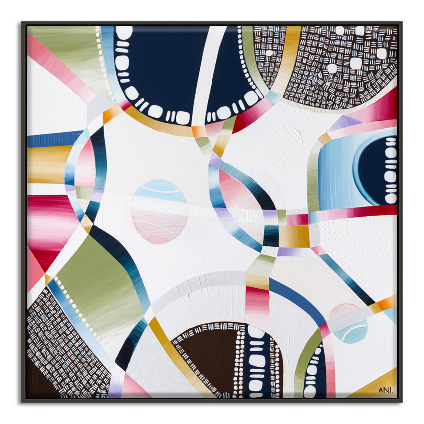 Rod Laver Arena print by Ani Ipradjian – abstract aerial view featuring tennis balls, textured layers, and Melbourne’s iconic venue architecture.