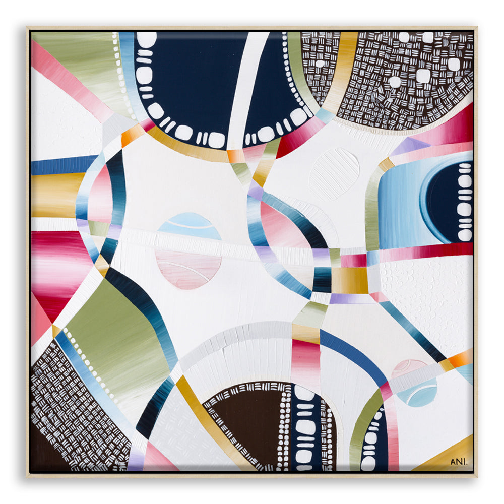 Rod Laver Arena print by Ani Ipradjian – abstract aerial view featuring tennis balls, textured layers, and Melbourne’s iconic venue architecture.