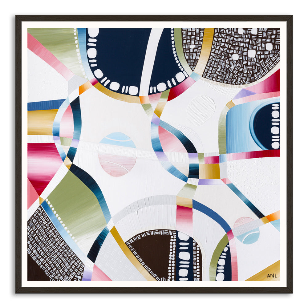Rod Laver Arena print by Ani Ipradjian – abstract aerial view featuring tennis balls, textured layers, and Melbourne’s iconic venue architecture.
