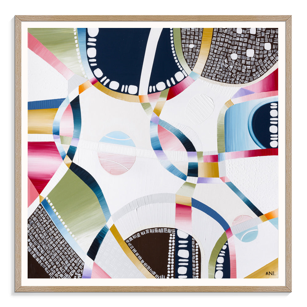 Rod Laver Arena print by Ani Ipradjian – abstract aerial view featuring tennis balls, textured layers, and Melbourne’s iconic venue architecture.