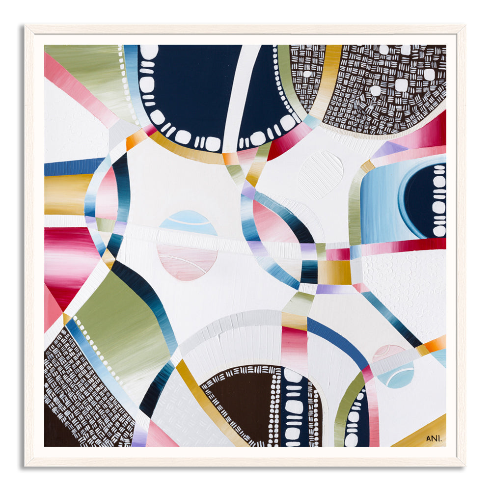 Rod Laver Arena print by Ani Ipradjian – abstract aerial view featuring tennis balls, textured layers, and Melbourne’s iconic venue architecture.