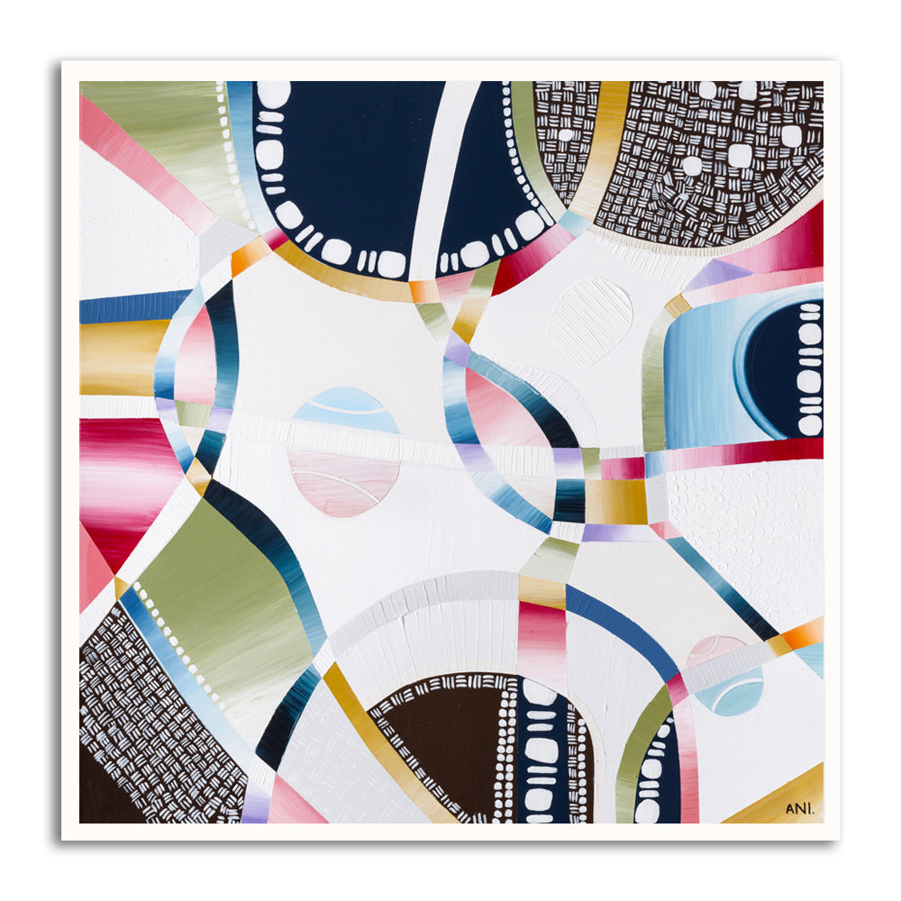 Rod Laver Arena print by Ani Ipradjian – abstract aerial view featuring tennis balls, textured layers, and Melbourne’s iconic venue architecture.