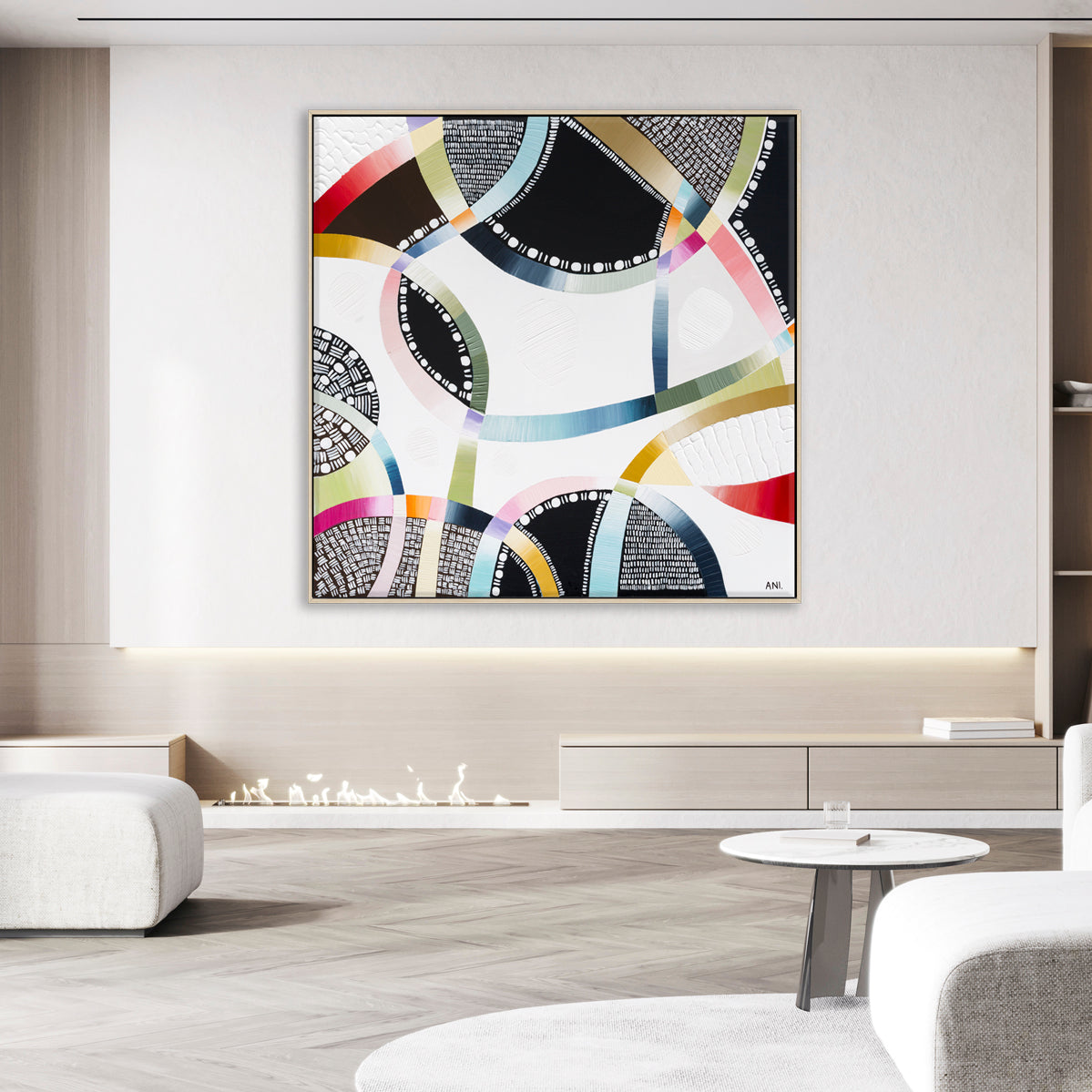 Snow-Capped Memories abstract painting by Australian artist Ani Ipradjian, inspired by Mt Buller, Mt Hotham, Falls Creek, and the Snowy Mountains. Features cool winter tones and textured layers, perfect for art collectors, ski lovers, and nature-inspired interiors in Australia and worldwide.