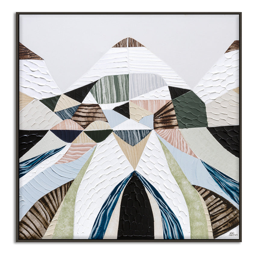 Spirit of the Ranges, original Australian abstract landscape painting by Melbourne artist Ani Ipradjian, deconstructing the Great Dividing Plateau collection through layered textures, colours and geometric shapes inspired by Australia's Great Dividing Ranges. Contemporary mixed media mountain landscape artwork on canvas.