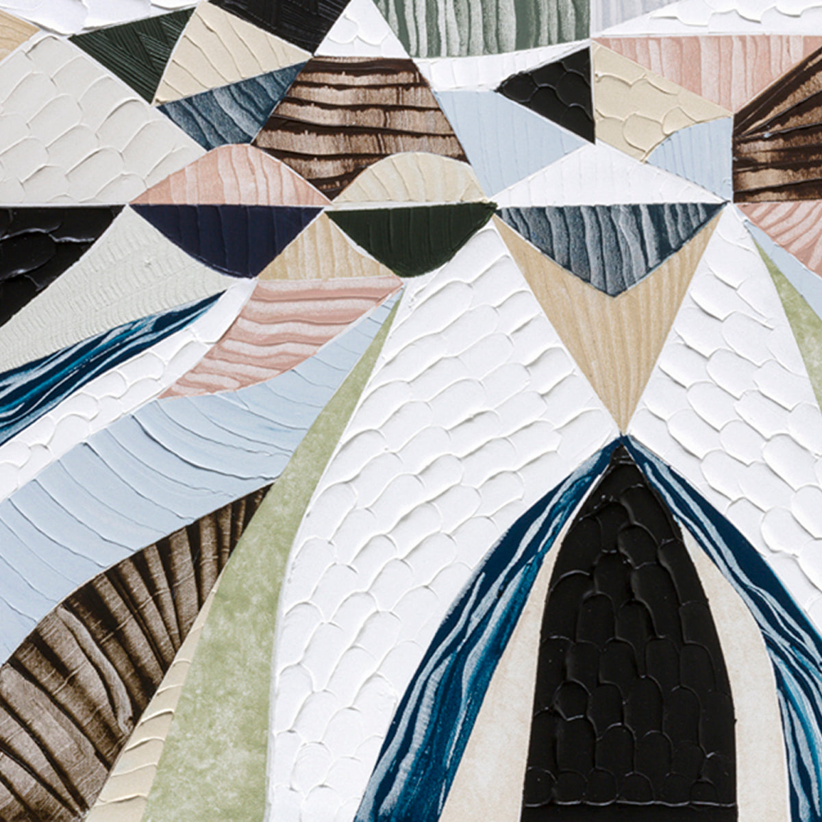 Spirit of the Ranges, original Australian abstract landscape painting by Melbourne artist Ani Ipradjian, deconstructing the Great Dividing Plateau collection through layered textures, colours and geometric shapes inspired by Australia's Great Dividing Ranges. Contemporary mixed media mountain landscape artwork on canvas.