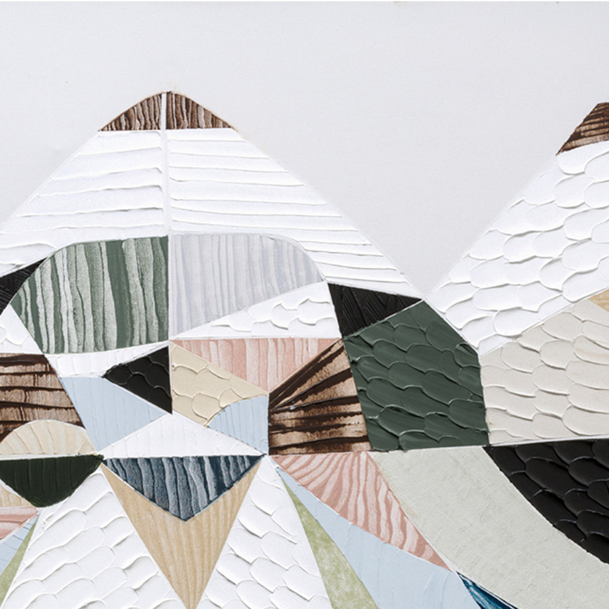 Spirit of the Ranges, original Australian abstract landscape painting by Melbourne artist Ani Ipradjian, deconstructing the Great Dividing Plateau collection through layered textures, colours and geometric shapes inspired by Australia's Great Dividing Ranges. Contemporary mixed media mountain landscape artwork on canvas.