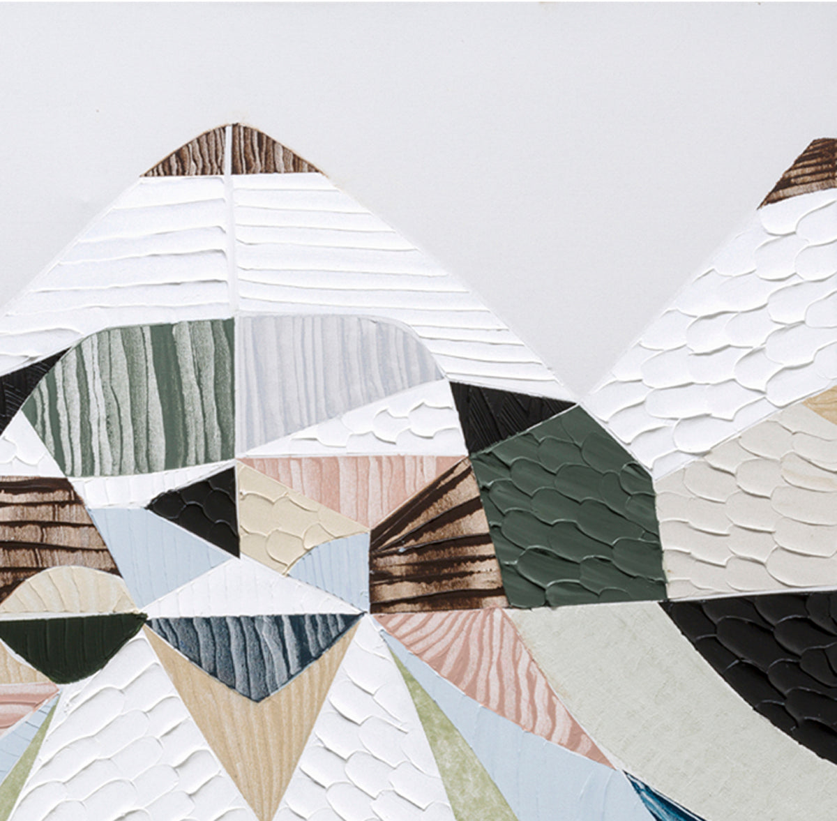 Spirit of the Ranges, original Australian abstract landscape painting by Melbourne artist Ani Ipradjian, deconstructing the Great Dividing Plateau collection through layered textures, colours and geometric shapes inspired by Australia's Great Dividing Ranges. Contemporary mixed media mountain landscape artwork on canvas.
